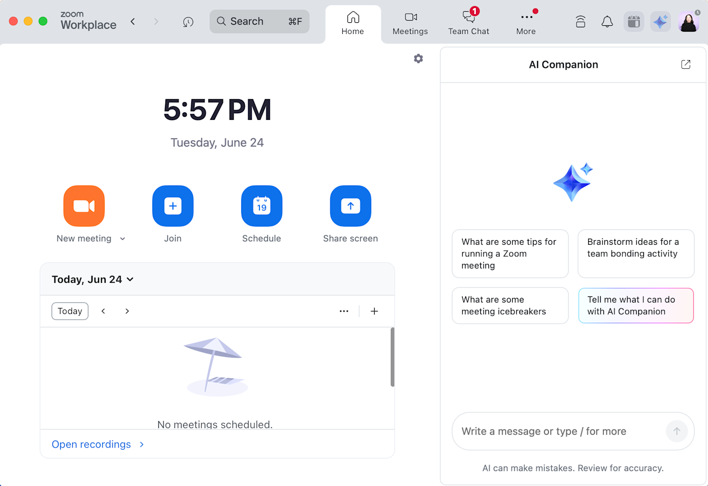 Home tab of the Zoom desktop client. 