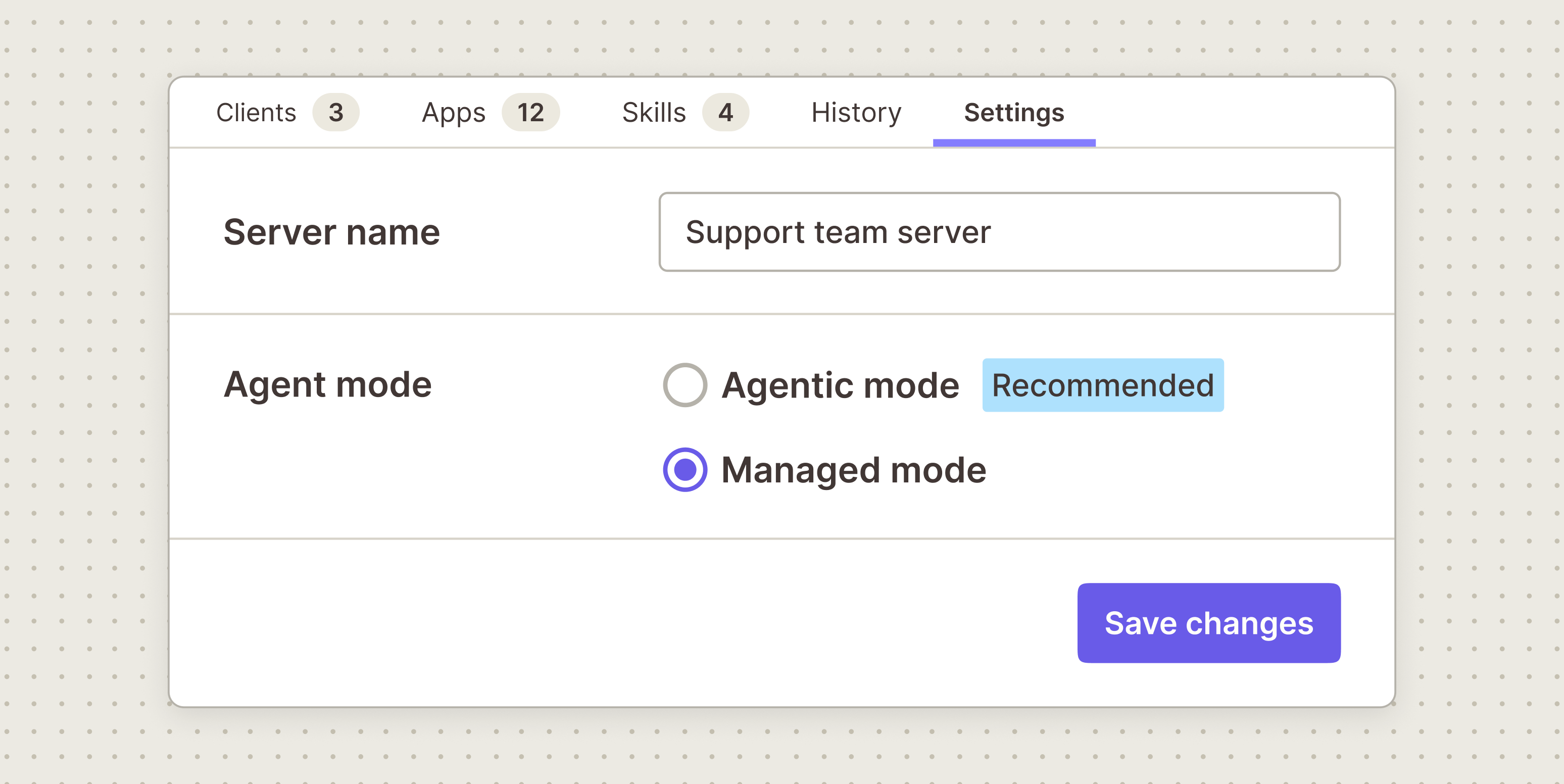 Illustration of a Zapier MCP server Settings tab with the server name Support team server and two Agent mode options, Agentic mode marked Recommended and Managed mode selected, above a Save changes button.