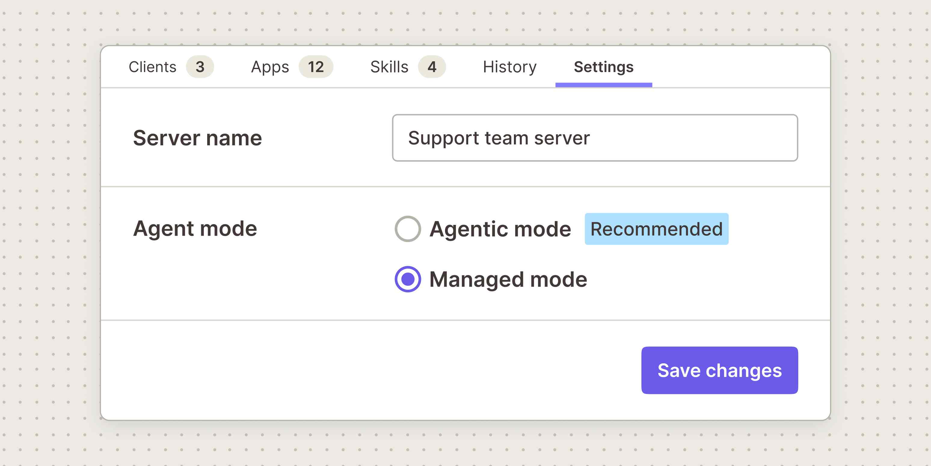 Illustration of a Zapier MCP server Settings tab with the server name Support team server and two Agent mode options, Agentic mode marked Recommended and Managed mode selected, above a Save changes button.