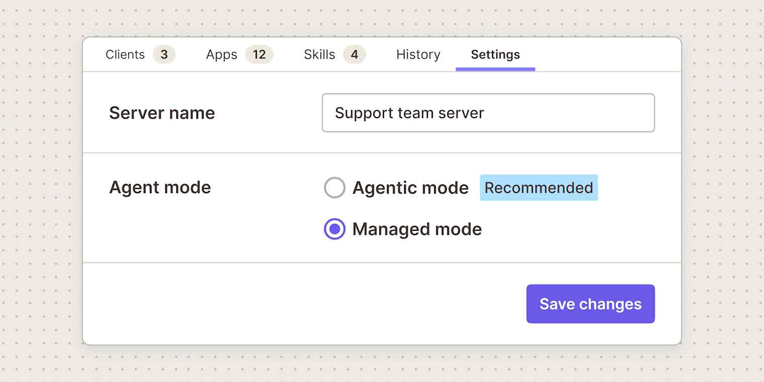 Illustration of a Zapier MCP server Settings tab with the server name Support team server and two Agent mode options, Agentic mode marked Recommended and Managed mode selected, above a Save changes button.