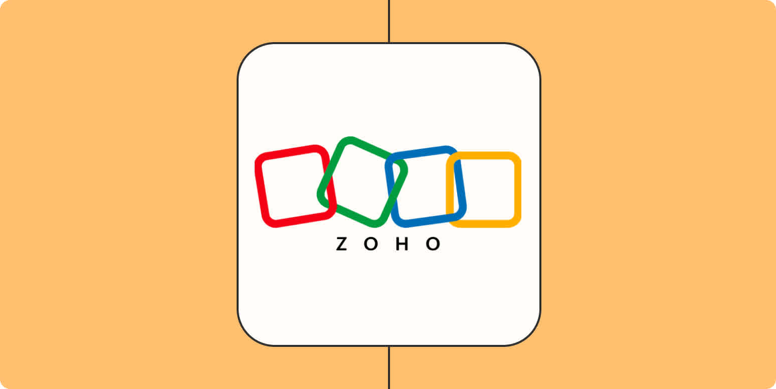 A hero image of the Zoho company logo on a mustard background.