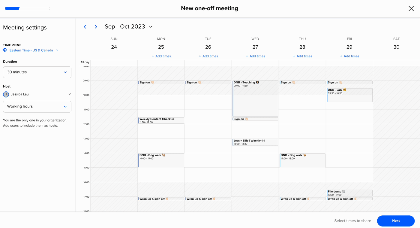 Demo of how to manually add available time slots to a one-off meeting in Calendly.