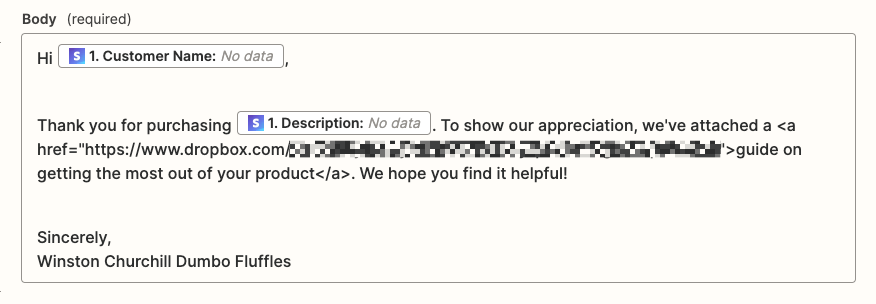 A thank you message for a customer with a link embedded in the message to a Dropbox file.
