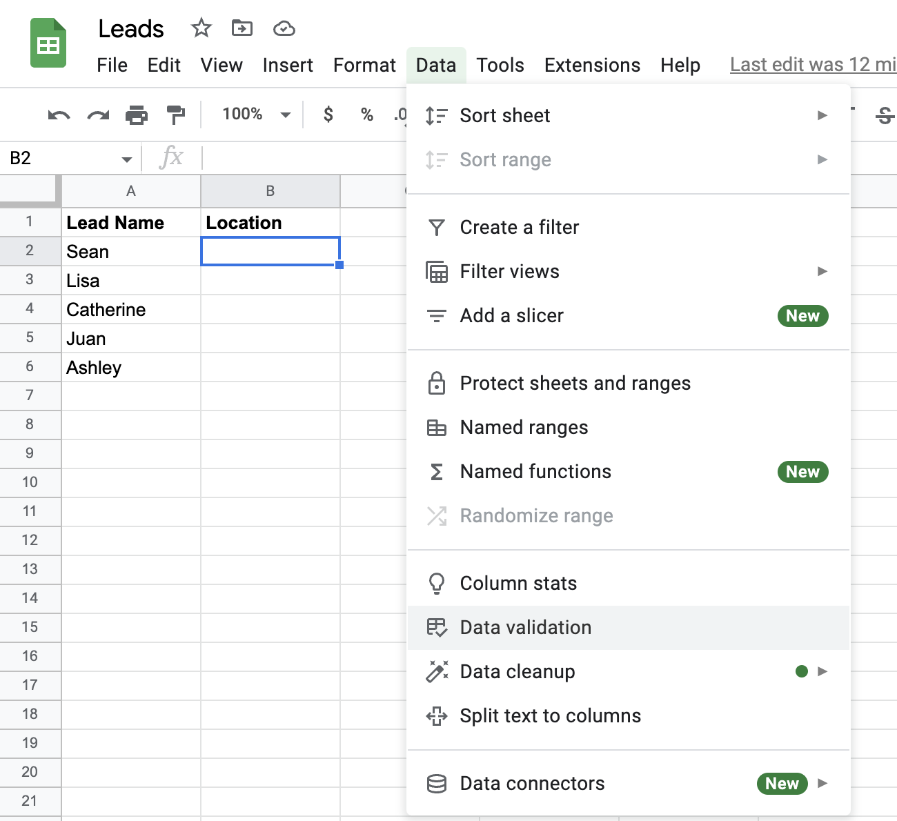 Selecting Data  Data validation in Google Sheets