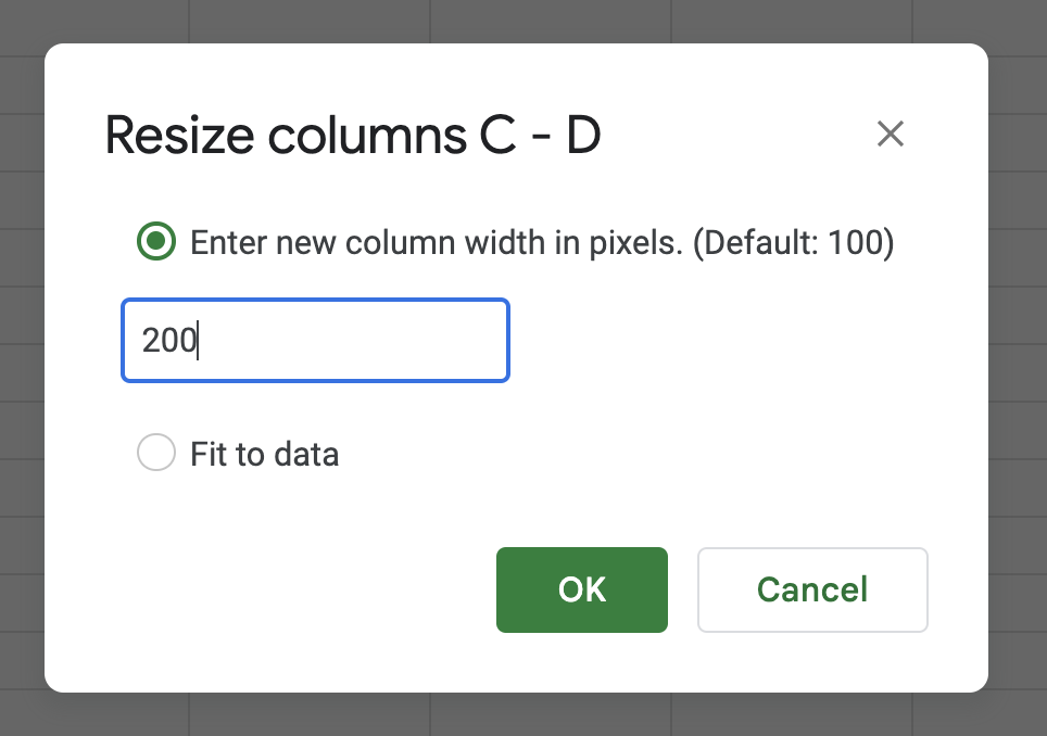 Resize columns popup in Google Sheets. 