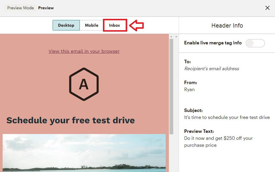The Inbox button to do Inbox Preview in Mailchimp