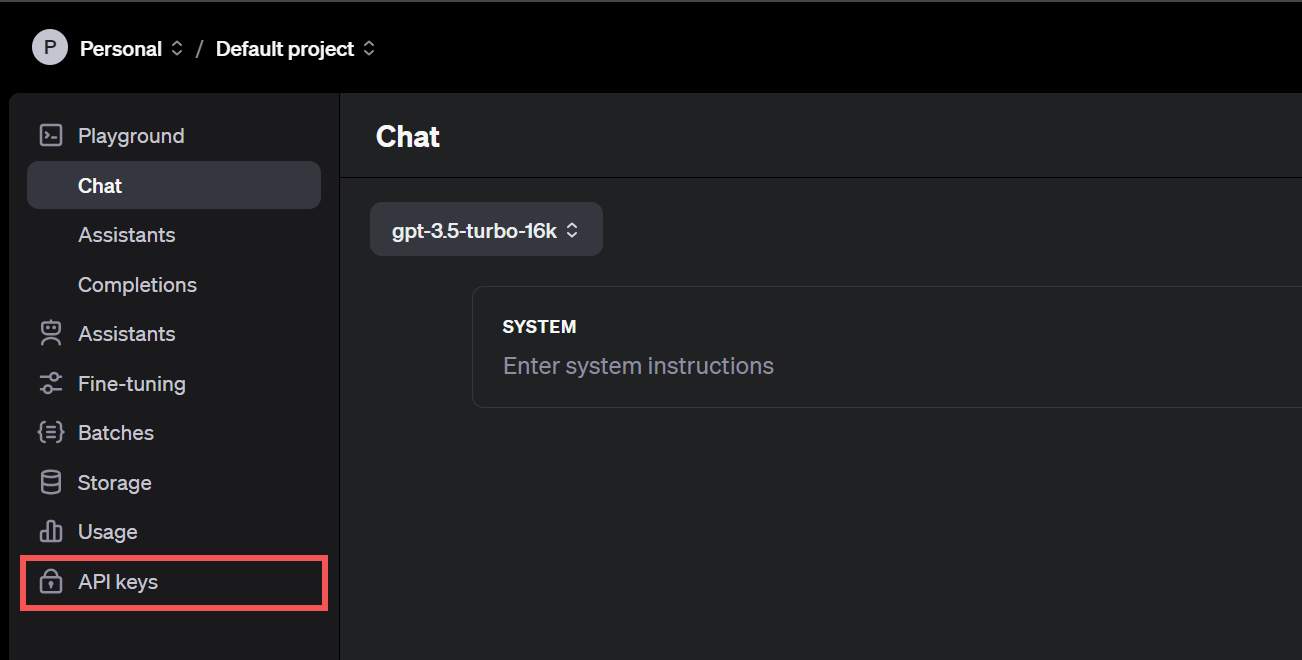 The API keys button in the OpenAI playground