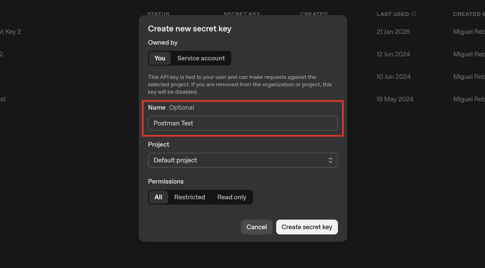 Naming your secret key in OpenAI