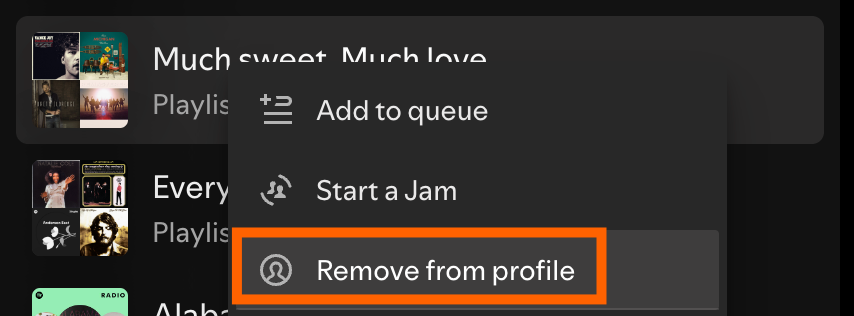 Partial view of the more options menu for a playlist in Spotify. The option to remove from profile is highlighted.