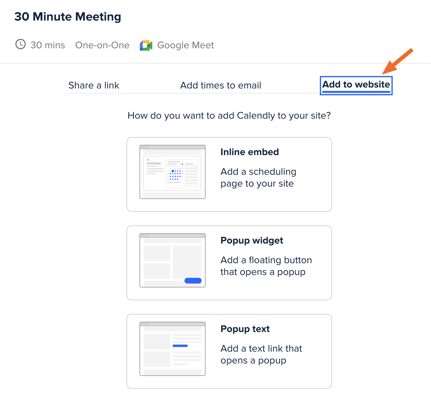 Screenshot of the "add to website" button to open a new window in Calendly 