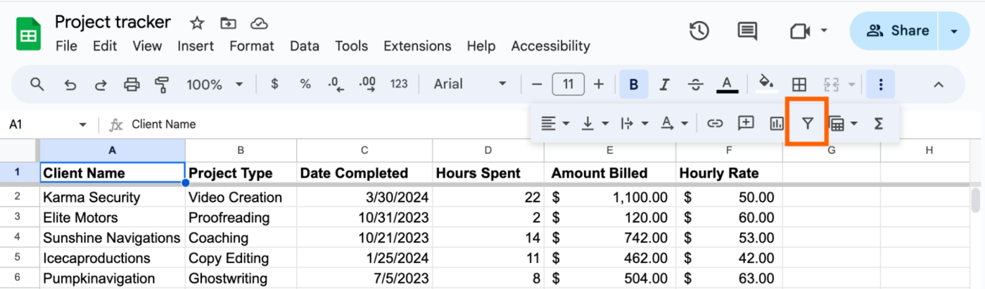 How to add filters using the Google Sheets toolbar.