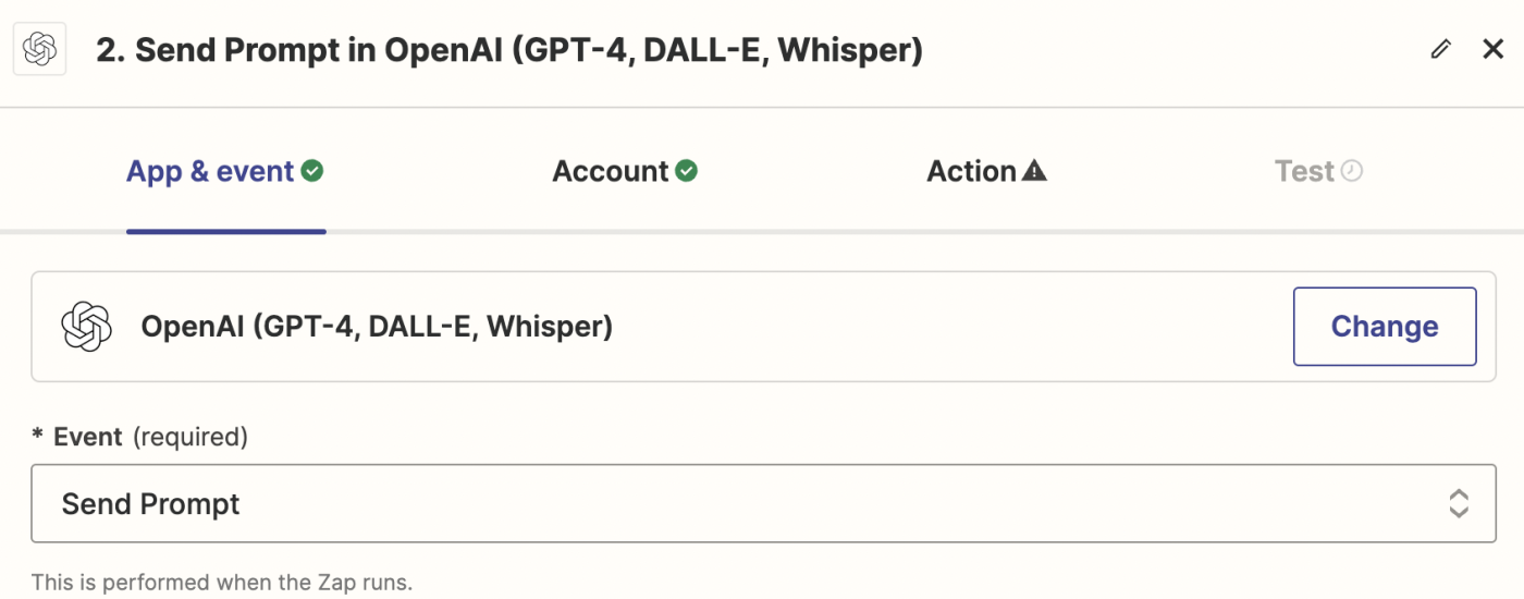 Screenshot of OpenAI app and event in Zap editor