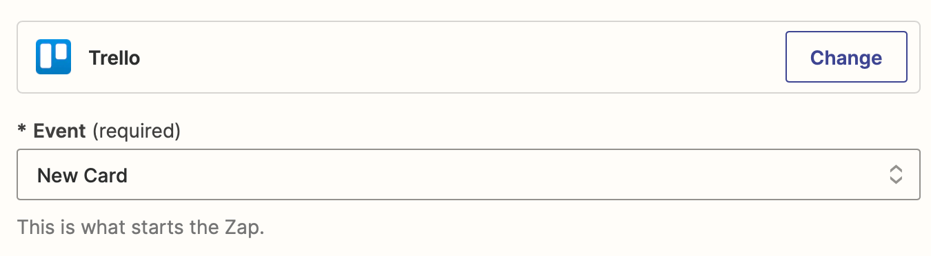 A trigger step in the Zap editor with Trello selected for the trigger app and New Card selected for the trigger event.