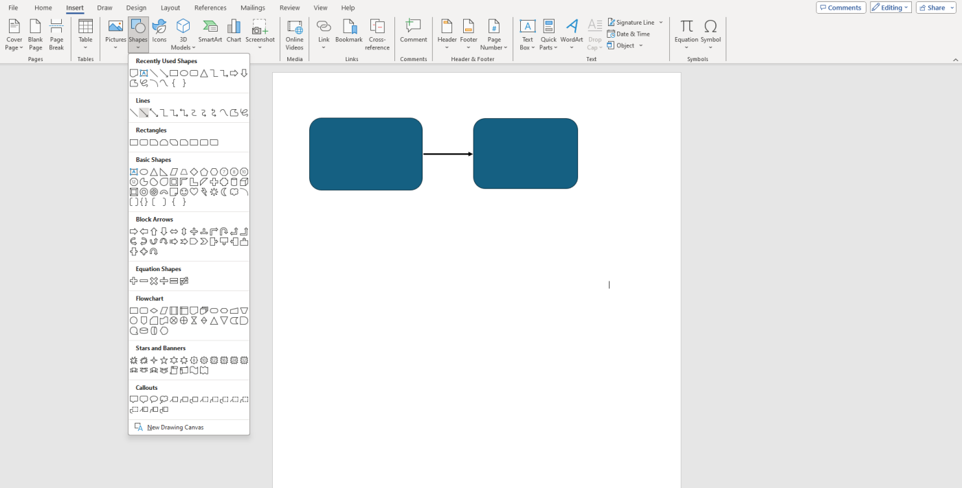 Screenshot displaying how to connect flowchart elements in Microsoft Word
