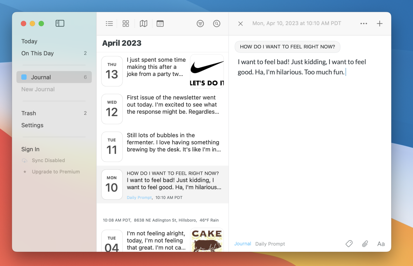 Day One, our pick for the best journal app for Mac and iOS users