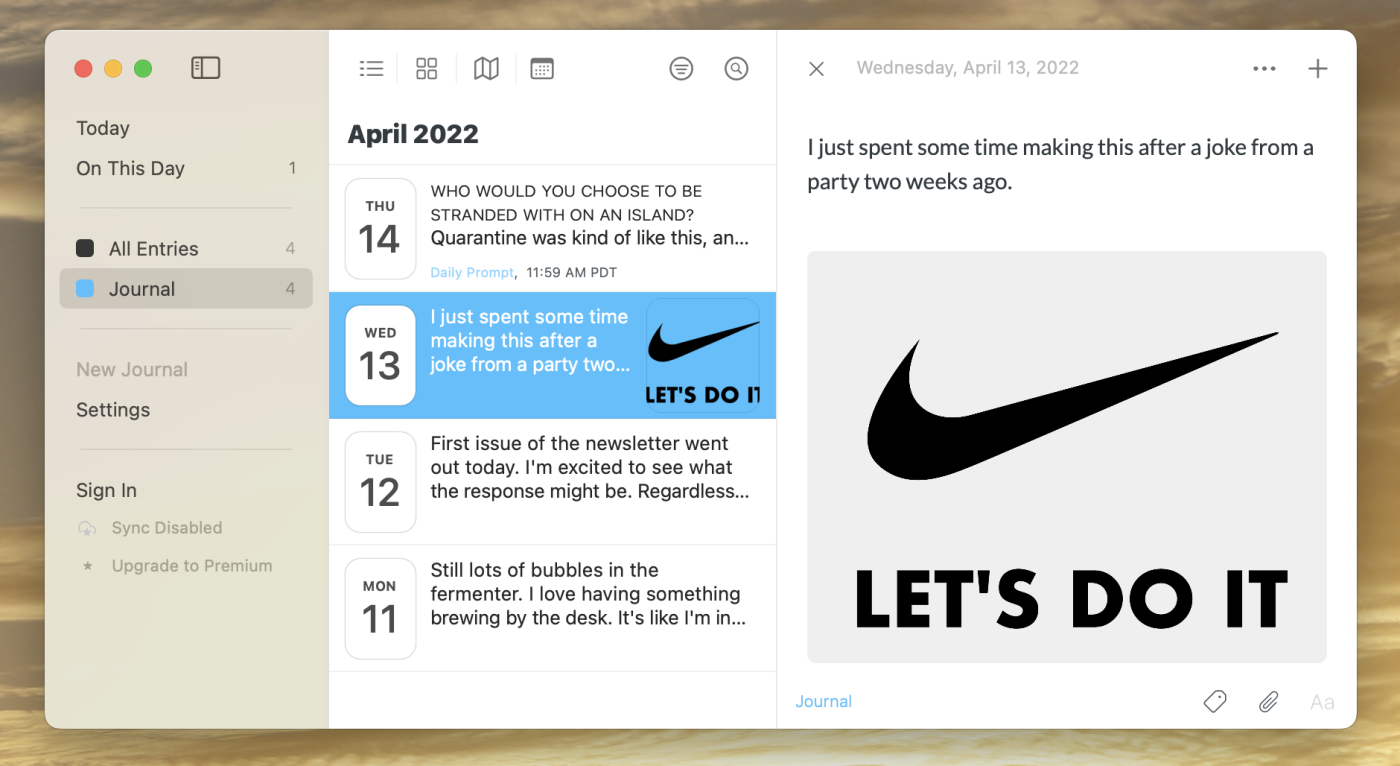 Day One, our pick for the best journal app for Mac and iOS users