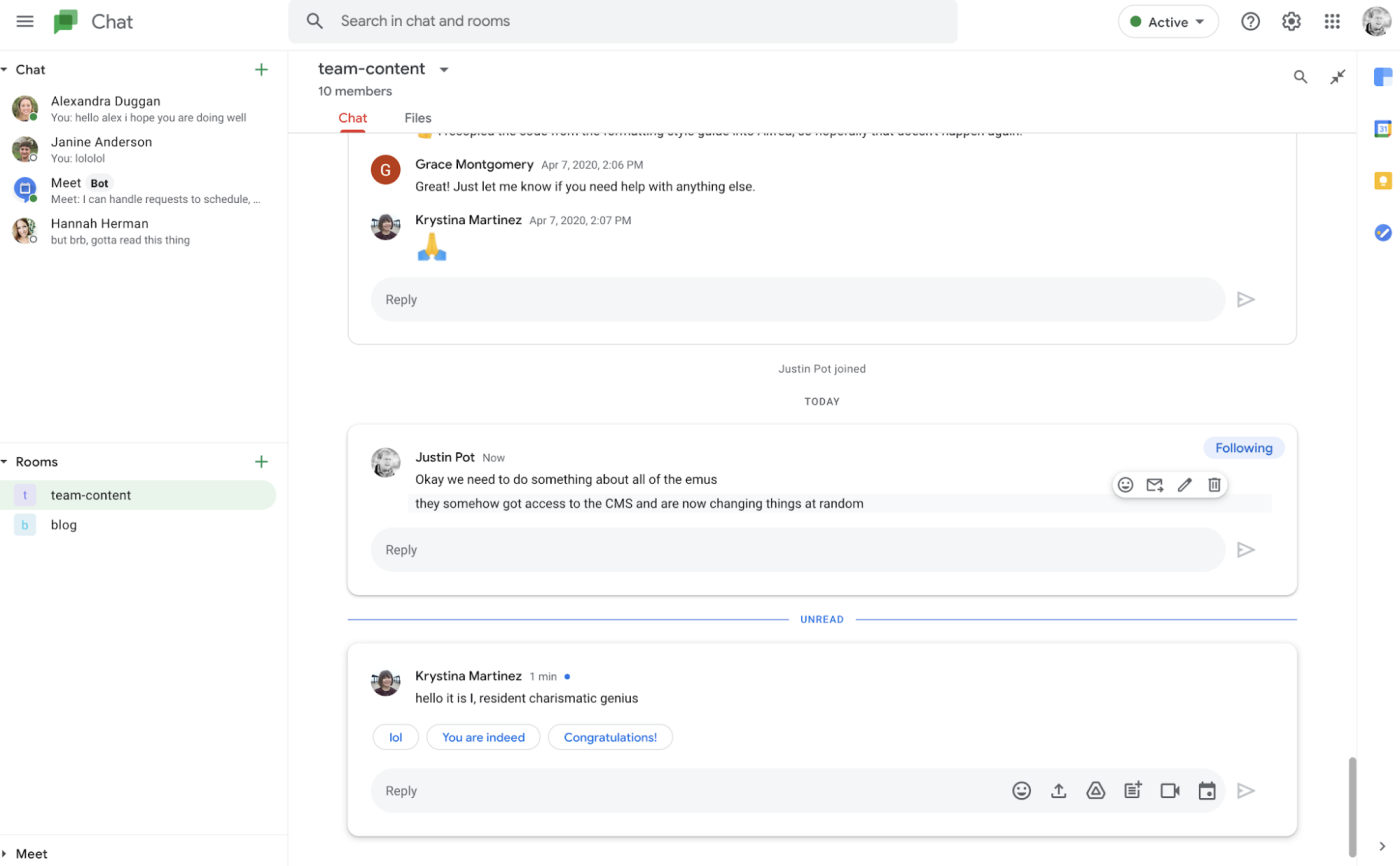 Google Chat, our pick for the best team chat app for Google Workspace users