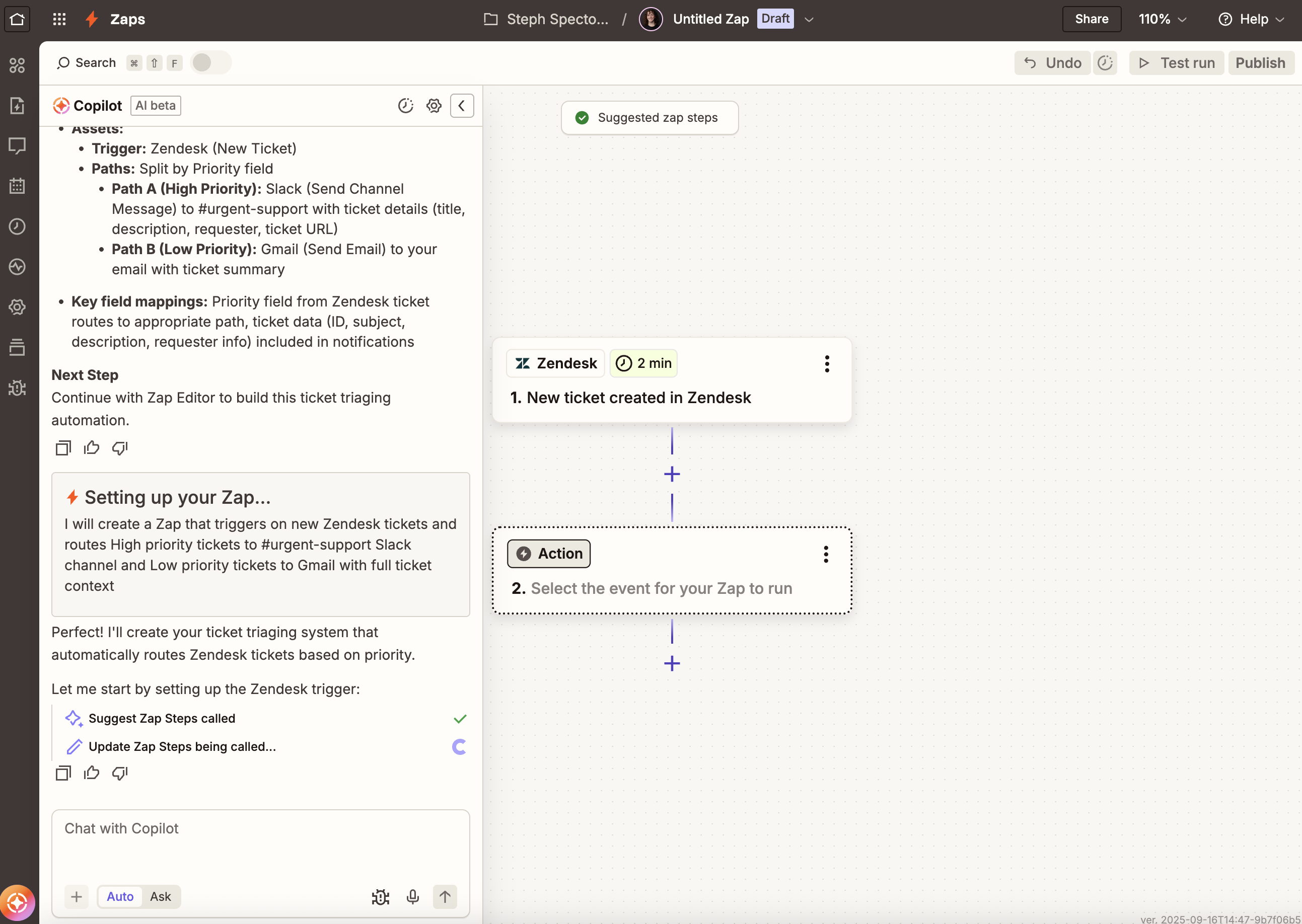 A screenshot of the Zap editor, with a conversation with Copilot on the left-hand side of the window