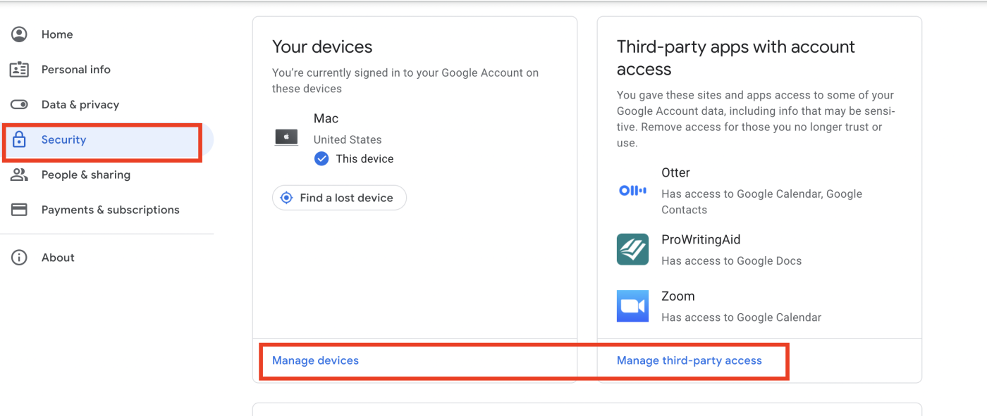 A screenshot of the Google Security page, where you can manage devices and third-party access