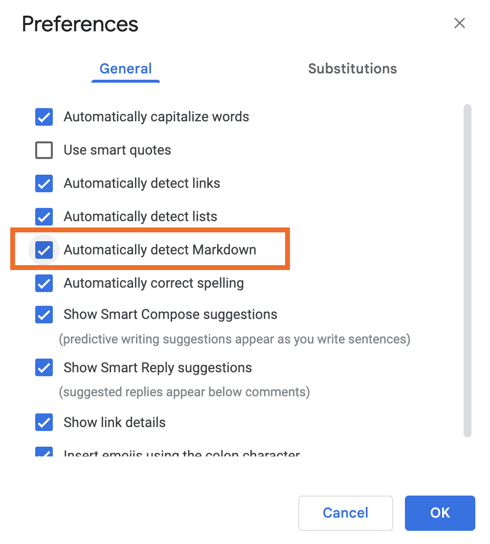 Google Docs preferences menu with the option to automatically detect markdown turned on. 