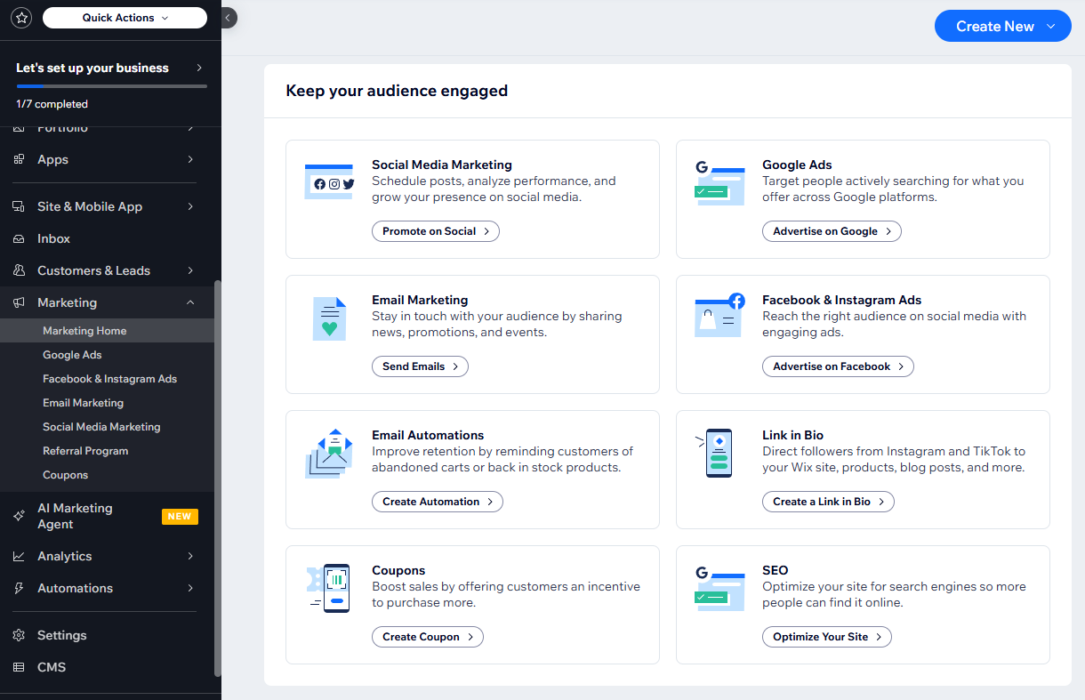 The marketing options on the Wix dashboard