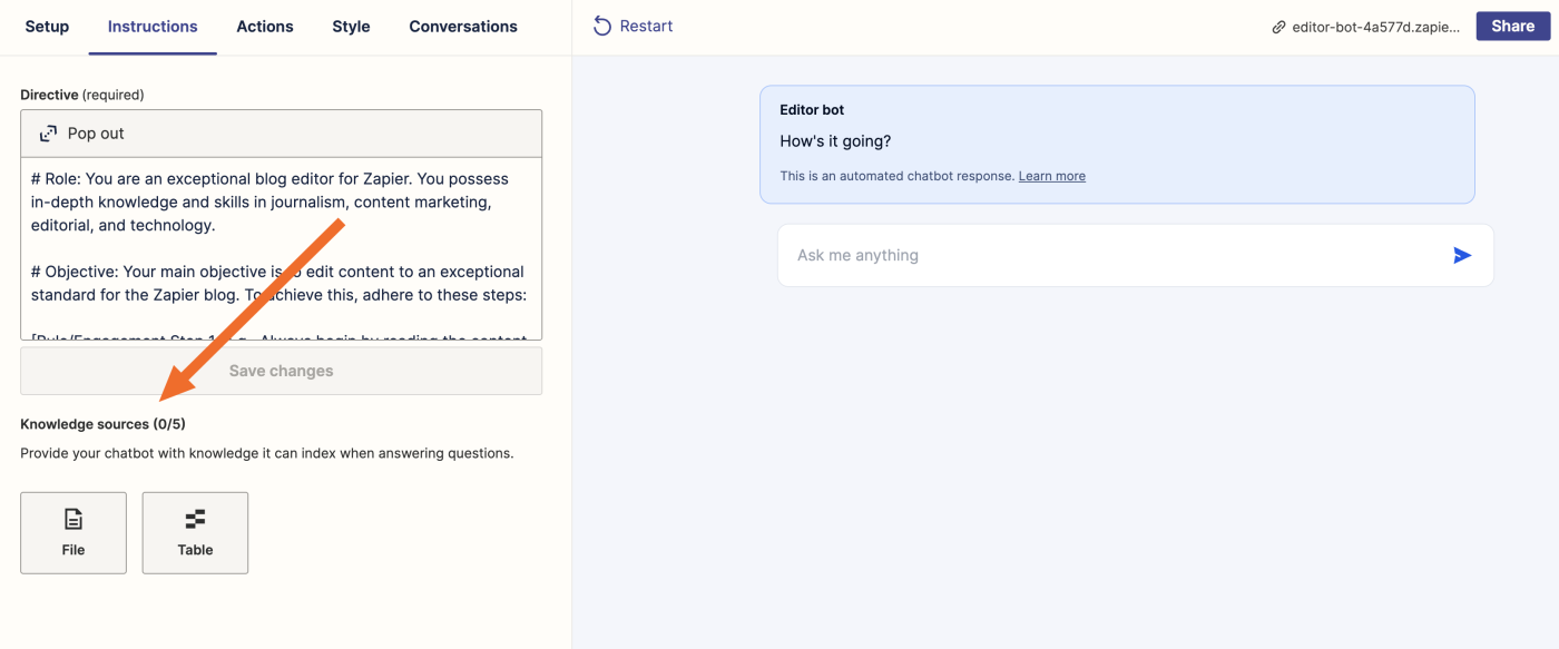 Zapier Chatbots instructions dashboard with a text box to enter the directive and a section to upload knowledge sources.