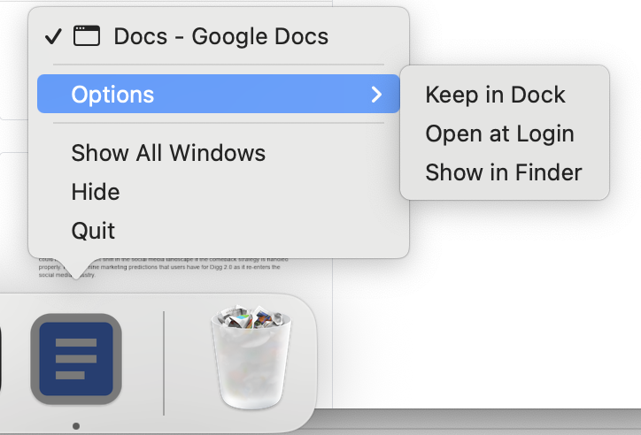 The Keep in Dock option in Chrome