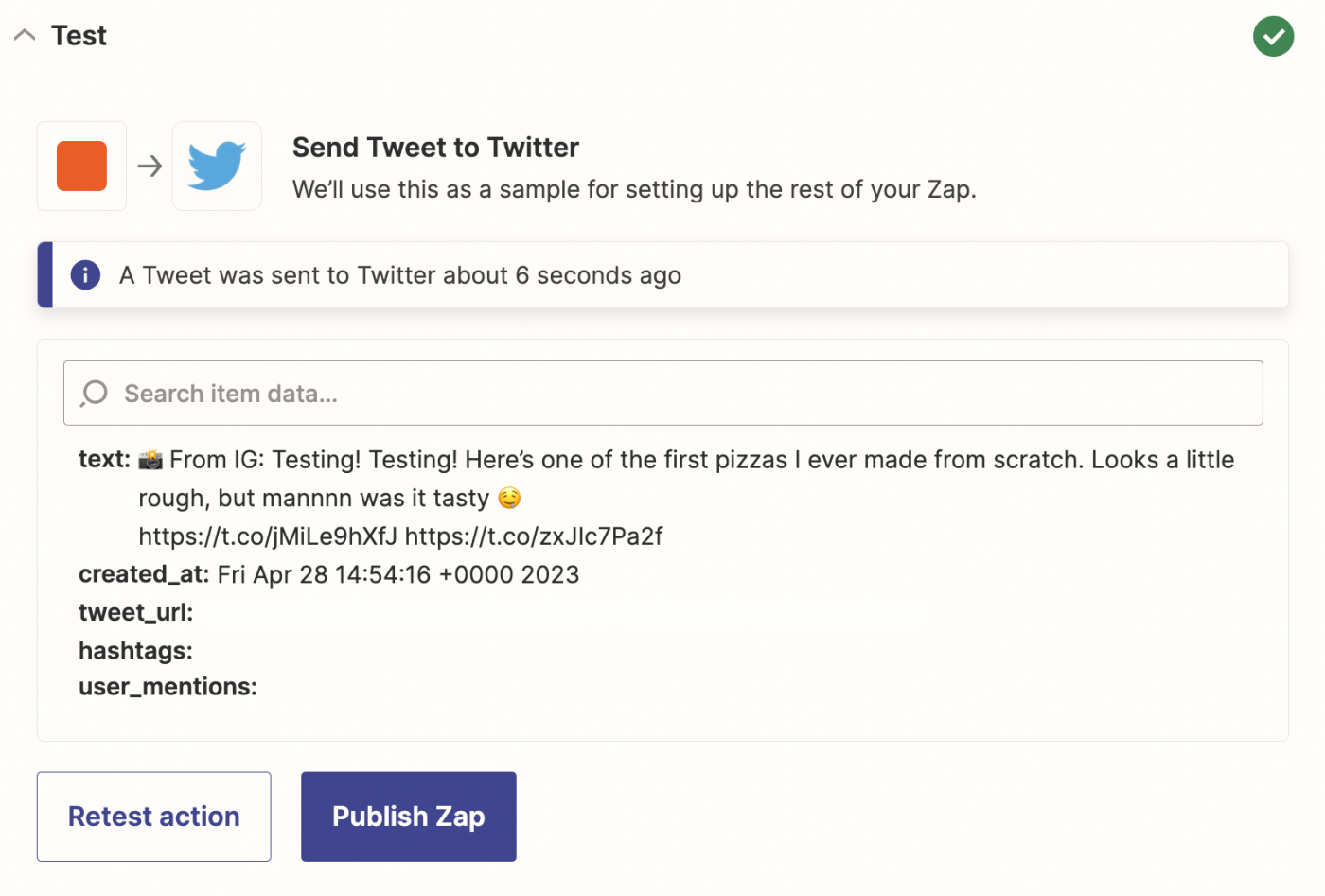 Screenshot of a successful Twitter action step test in Zapier.