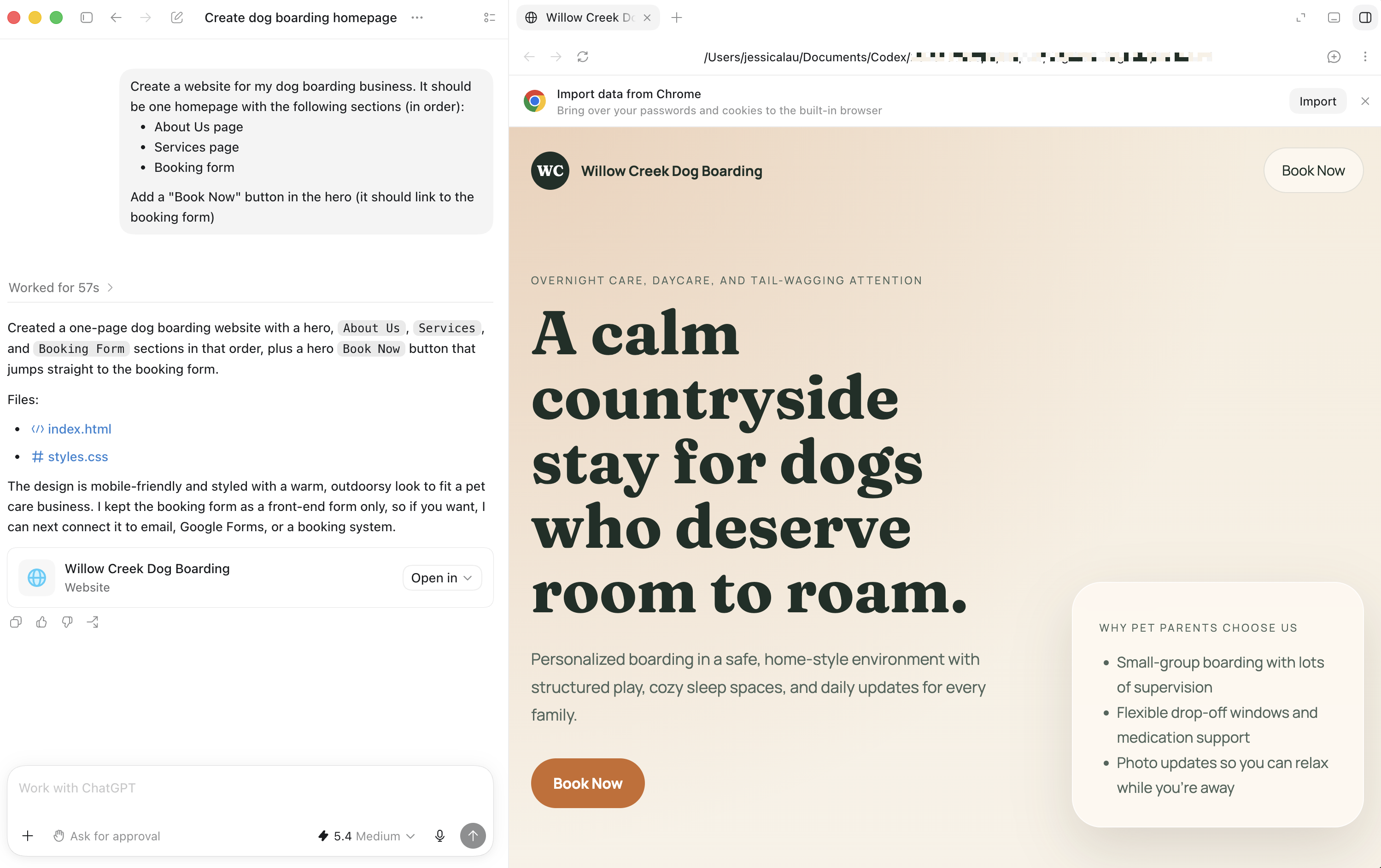Side-by-side view of a ChatGPT Work conversation and the deliverable it built (a landing page).