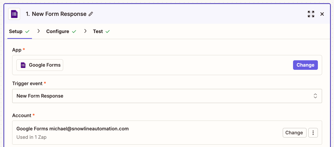 A Google Form trigger step in the Zap editor with New Form Response selected for the trigger event.