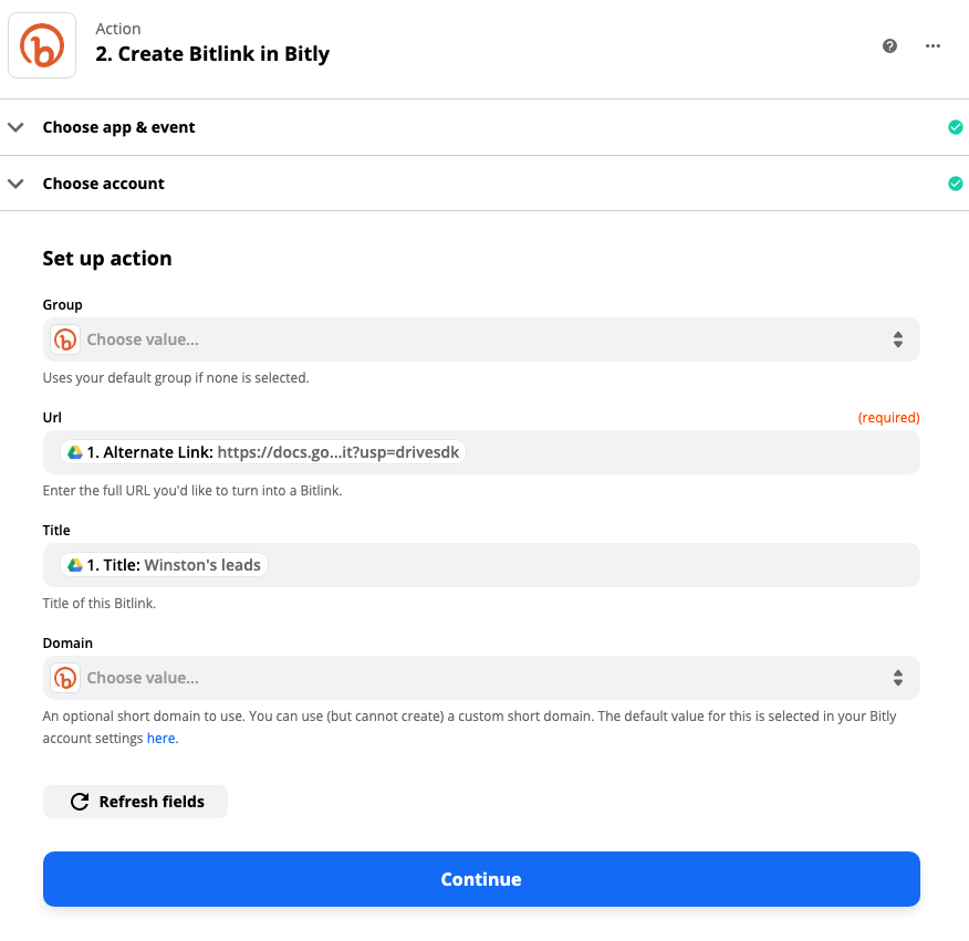 Configuration de l'étape d'action Bitly dans l'éditeur Zap.  Les champs de saisie pour les titres et les liens des fichiers Google Drive sont présélectionnés dans le lien et le titre Bitly.