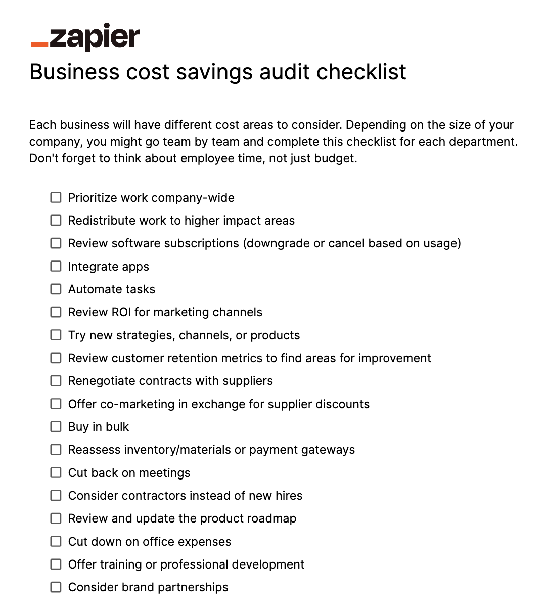 Business cost savings checklist