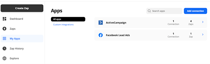 increase-goole-ads-roi-01-add-app-screenshot A screenshot of the app connections area of a Zapier account. In the upper right corner is a blue button that reads "Add connection."
