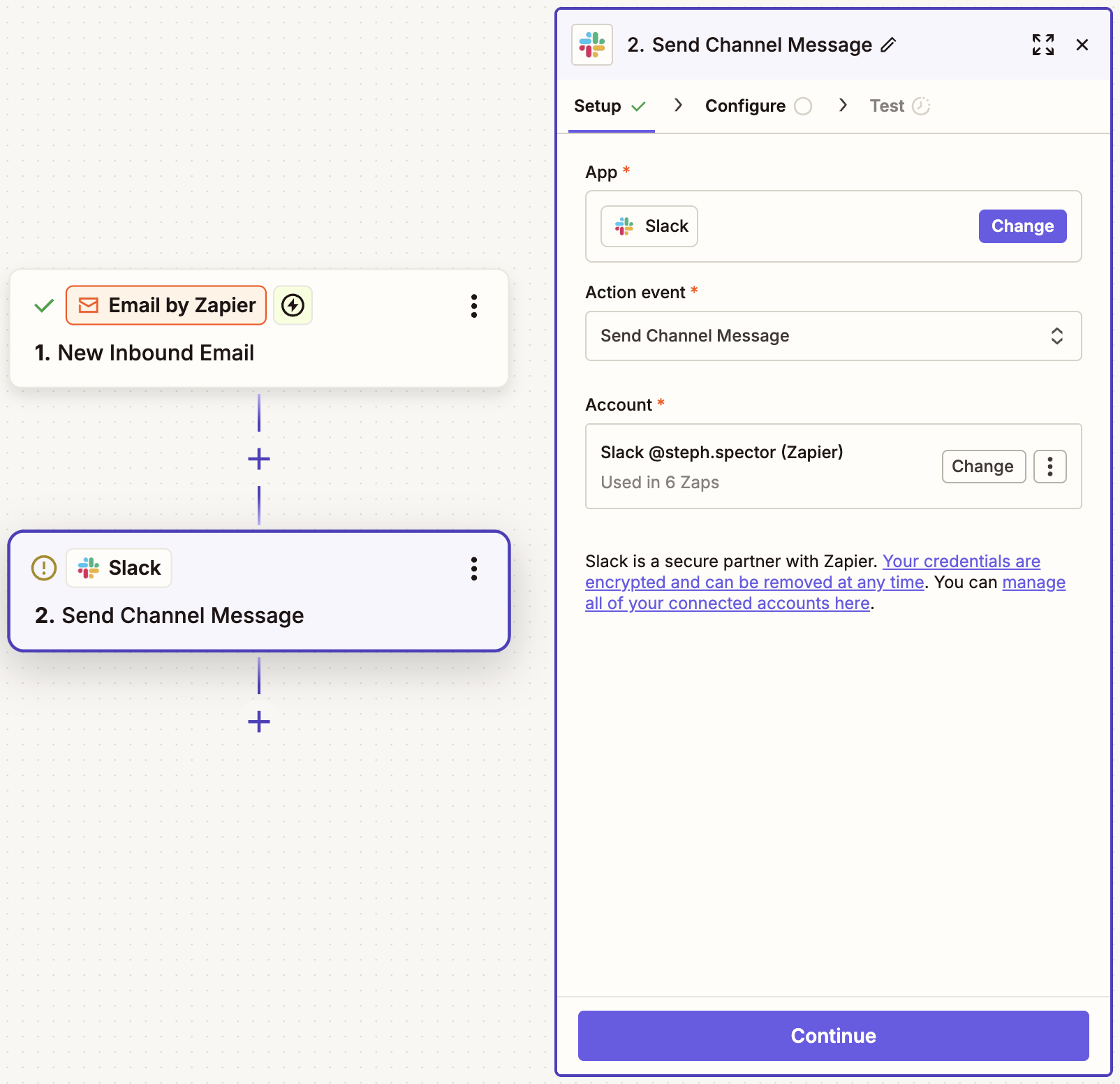 Zapier workflow showing Email by Zapier trigger New Inbound Email and Slack action Send Channel Message setup