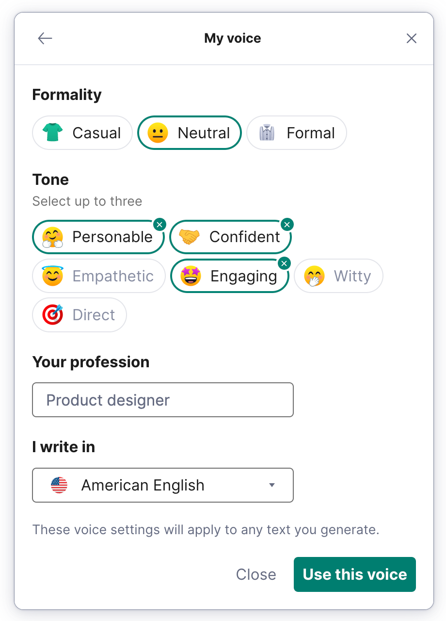 Setting the tone of voice in Grammarly