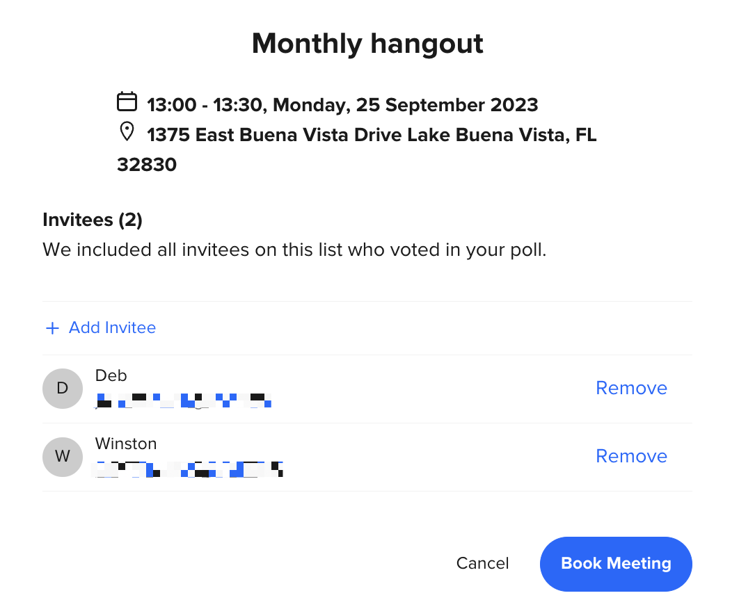Example of how to book a Calendly meeting using an event meeting poll.