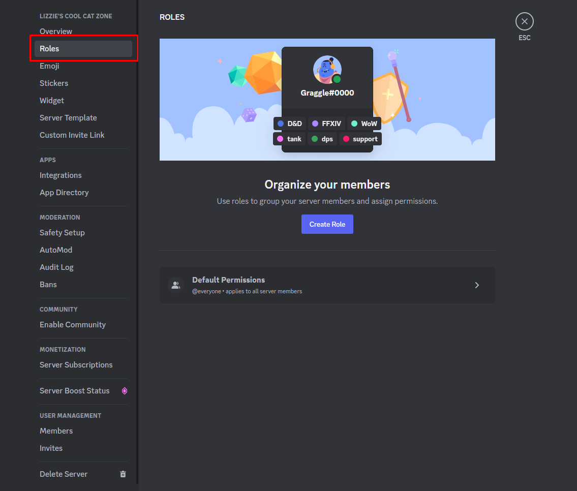 The Roles section of Discord server settings