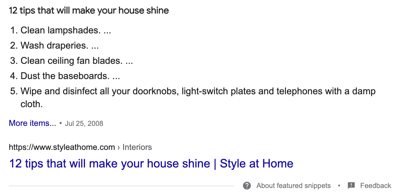 The featured snippet when someone searches how to make your house shine