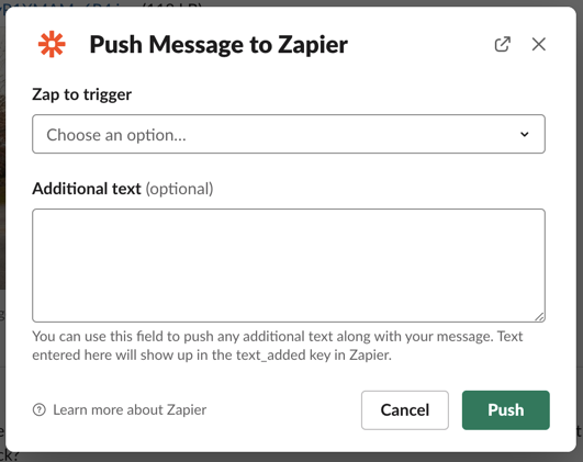 The Push Message to Zapier interface with fields for "Zap to trigger" and "Additional text."