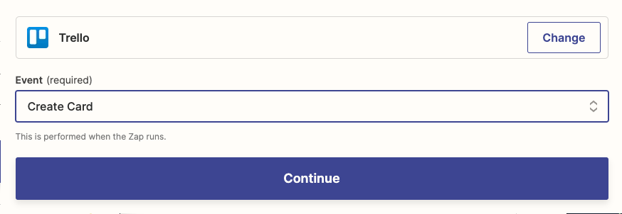 The Trello action in the Zap editor. "Create Card" is selected as the trigger event.
