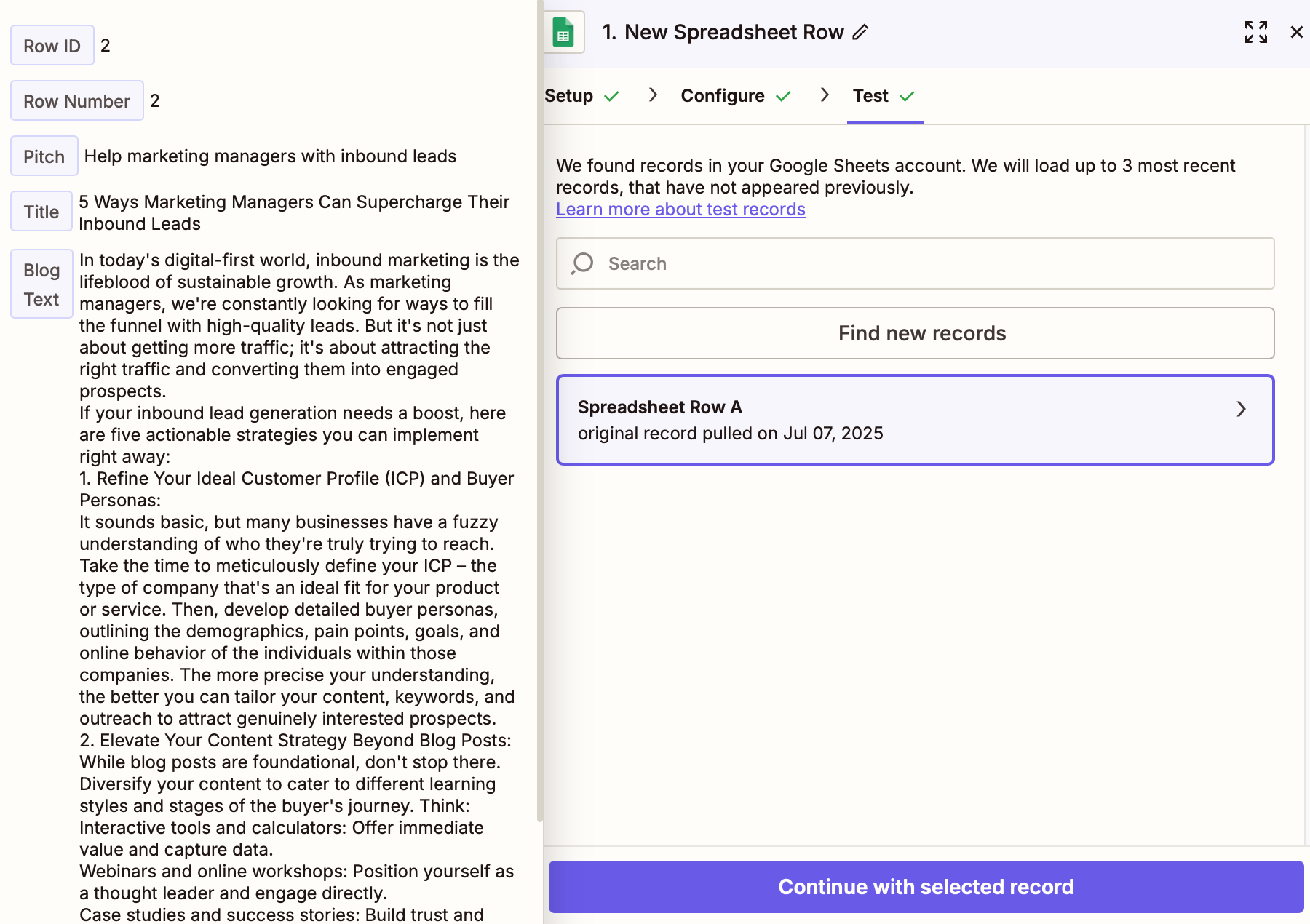 A test window in the Zap editor showing data and a button to continue with the selected record