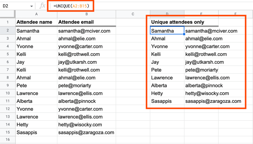 A Google Sheets worksheet with original data in columns A and B (attendee names and attendee emails, respectively). Only unique data from columns A and B appear in columns D and E. Cell D2 is selected and the formula bar reads =UNIQUE(A2:B15).