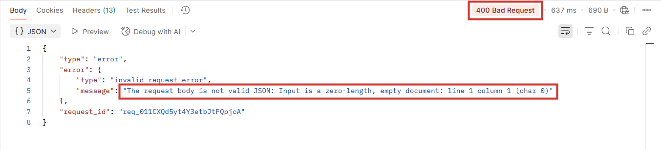 The error message from Postman
