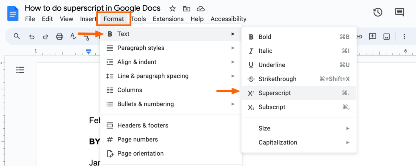 How to superscript in Google Docs.