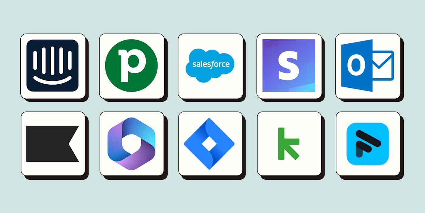 Hero with Intercom, Pipedrive, Salesforce, Stripe, Microsoft Outlook, Klaviyo, Microsoft Office 365, Jira Software Cloud, Keap, and Fathom logos.