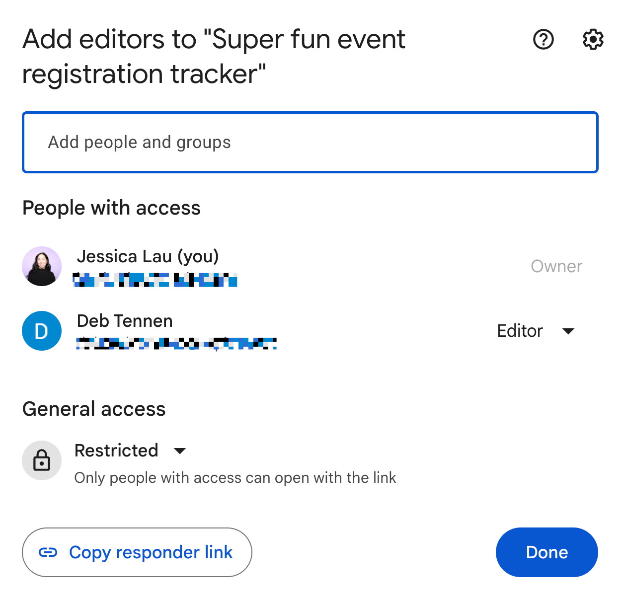 Example of sharing Google Forms with individual collaborators.