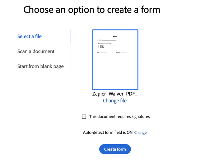 File uploaded to Adobe Acrobat to create a fillable PDF form. 