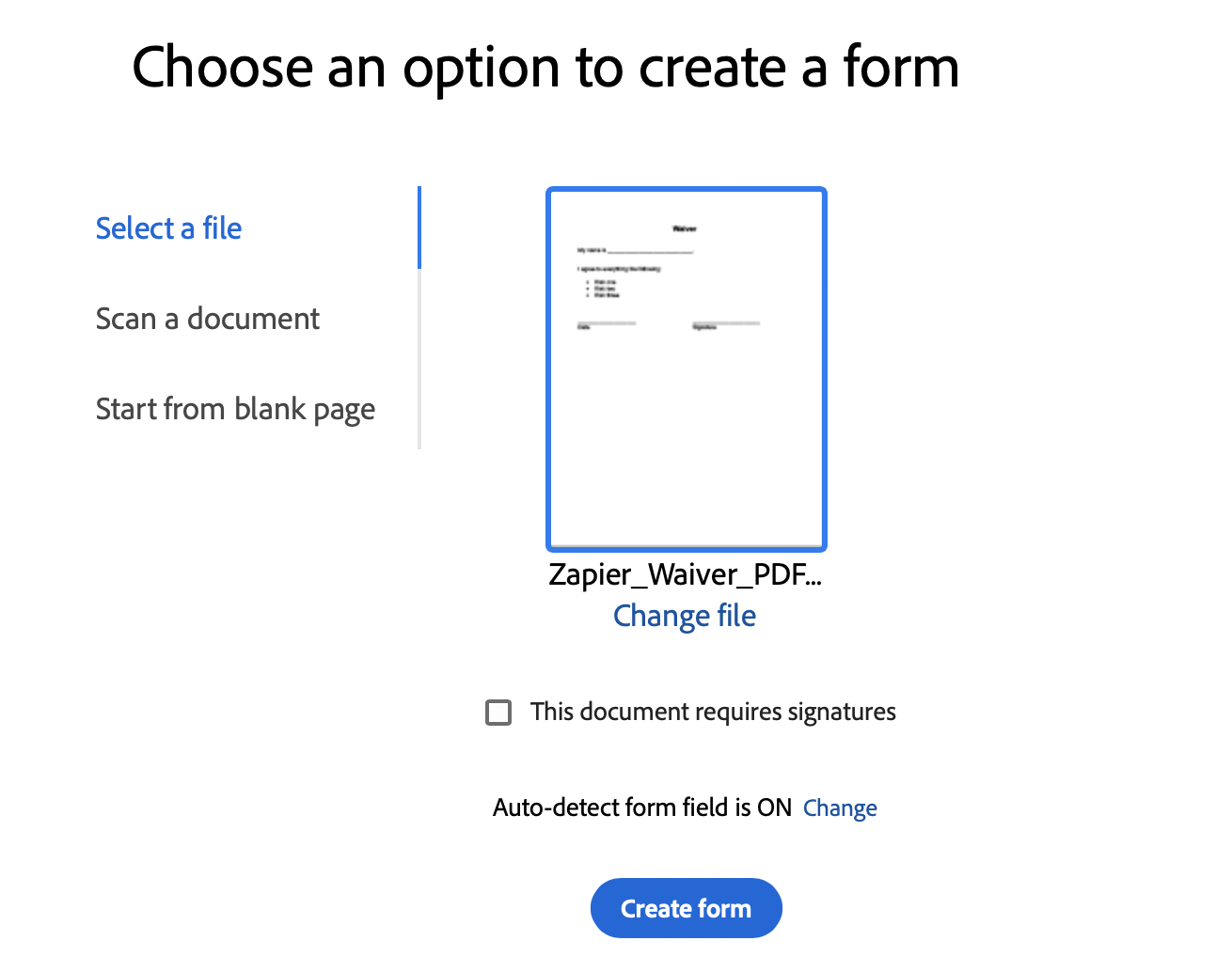 File uploaded to Adobe Acrobat to create a fillable PDF form. 