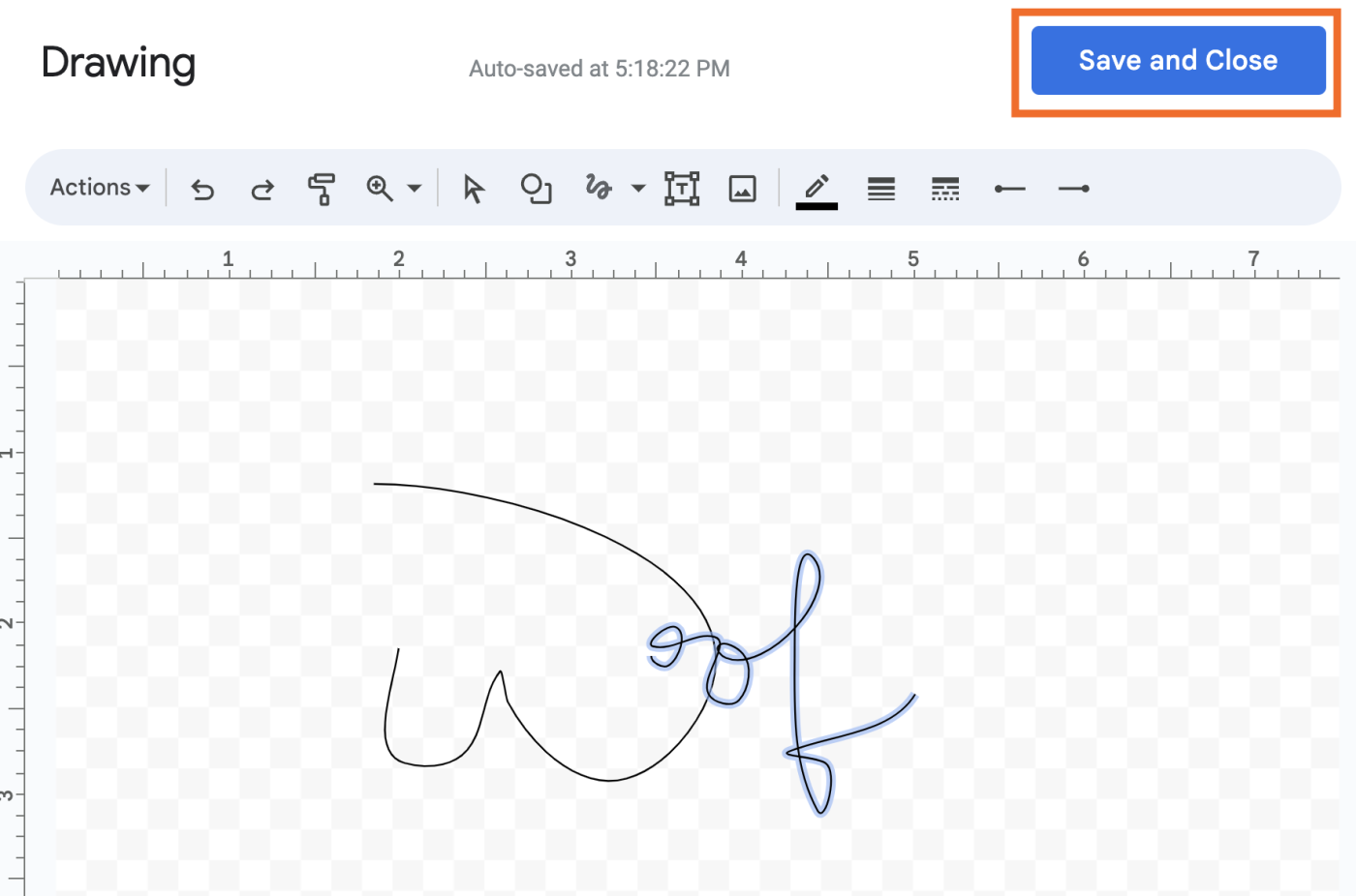 Example of a signature drawn using the Scribble tool in Google Docs.