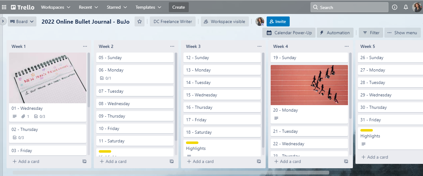 Trello bullet journal with a list for each week of the month